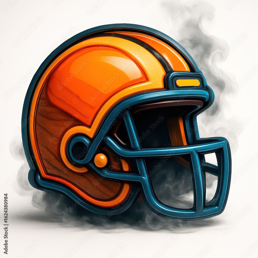 Fototapeta premium Stylized American football helmet illustration in orange blue and brown with smoke effect on
