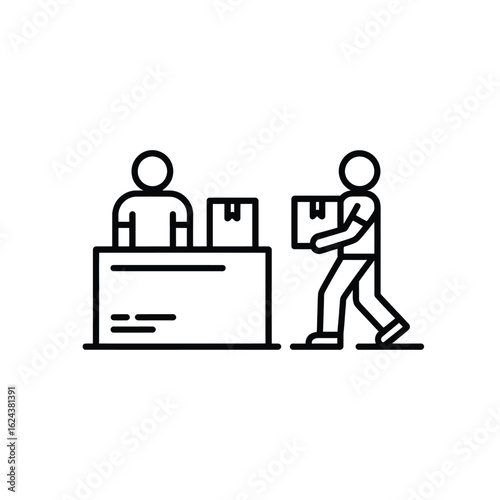 Delivery person handing package to recipient at counter