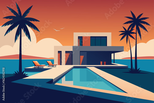luxury beachfront villa with palm trees and pool  .eps
