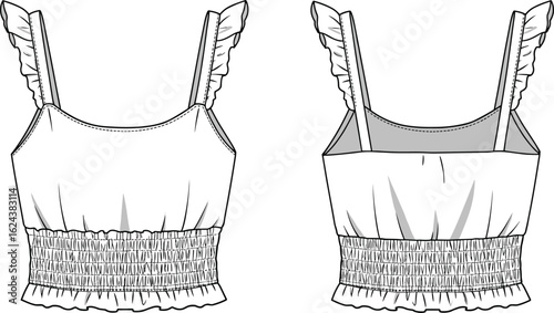 Ruffle strap smocked crop top technical flat sketch, front and back view, summer blouse design, trendy fashion template illustration