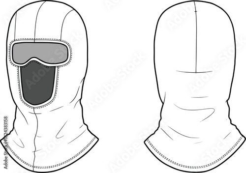 Technical flat sketch of full face balaclava with goggles insert, front and back view, protective winter headwear design illustration