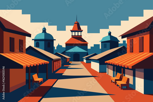 market square surrounded by wooden buildings  .eps
