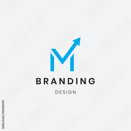 The "M" logo centers around a bold upward arrow, symbolizing growth, profit, success, and positive momentum in the market.