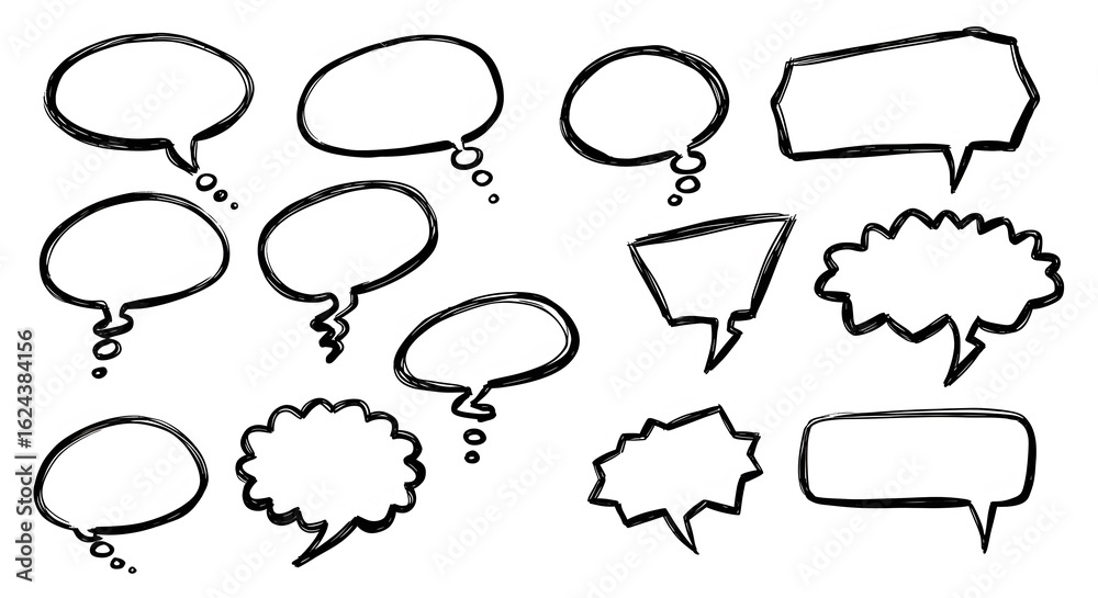Obraz premium Hand-drawn collection of doodle speech bubbles and thought balloons. Sketchy comic style chat boxes for dialogue, communication, and messages.