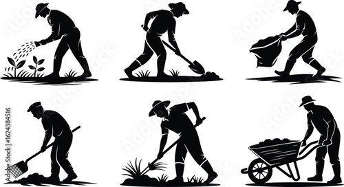 Silhouettes of gardeners performing various tasks in a garden setting