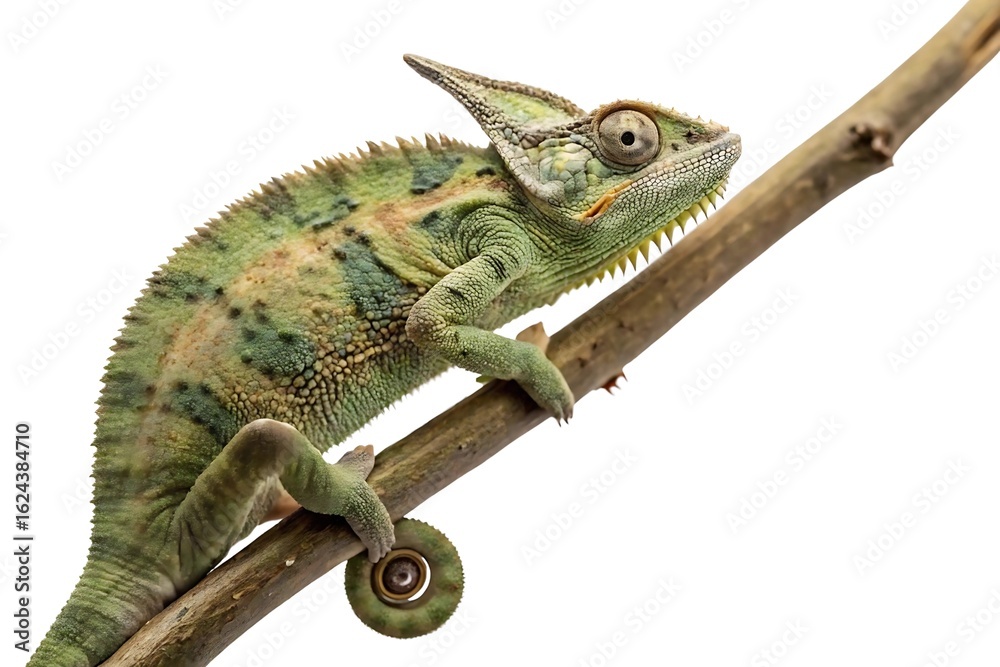 Obraz premium Studio macro shot of a horned chameleon clinging to an invisible perch, skin texture and ridged horns highlighted in fine detail, coiled tail and gripping feet visible, softly lit with no shadows.