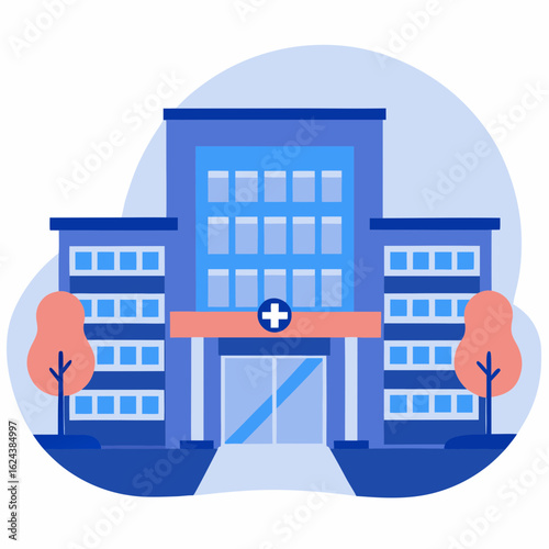 Hospital building front in modern style with blue and pink colors  