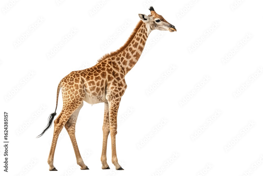 Fototapeta premium Full-body macro shot of a baby giraffe standing upright, long neck and patchy coat in high-definition, neutral lighting for even tone balance, no ground shadow, cleanly isolated on a white background.