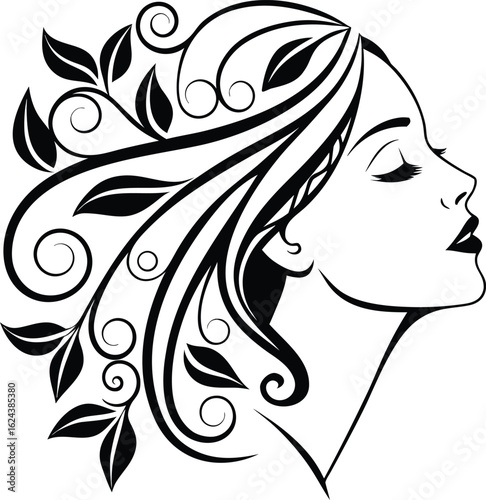 Elegant vector silhouette of a woman’s face with long hair in a fashionable profile style