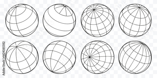 Collection of globe icons with different grid patterns on transparent background representing mapping data visualization and geographic information systems