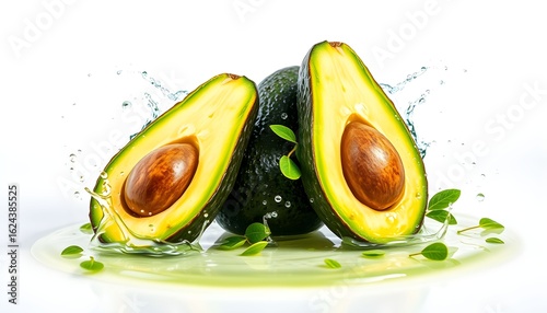 Two avocado halves with pits and a whole avocado are surrounded by water splashes and small green leaves.