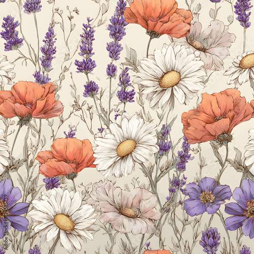 Wallpaper Mural Charming wildflower meadow seamless pattern with delicate lavender, orange poppies, and white daisies. A vintage hand-drawn floral illustration for textile or wallpaper design. Torontodigital.ca