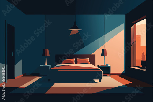 moody dark toned bedroom vector with dramatic ligh.eps