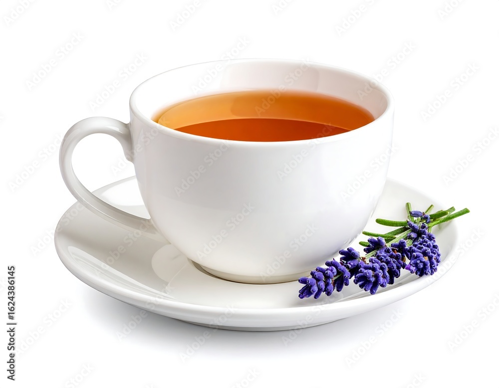 A white teacup and saucer hold amber tea; a sprig of lavender rests on the saucer A white teacup and saucer hold amber tea; a sprig of lavender rests on the saucer