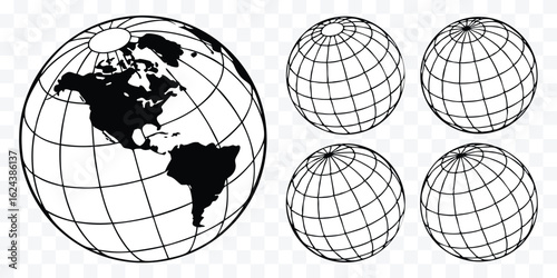 World globe with continents and meridian lines illustration set for geography education or international business themes isolated on white
