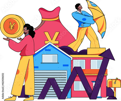 Vibrant illustration showcasing financial growth in real estate with upward trending arrow, moneybags, and diverse characters, ideal for investment and economic development campaigns with a modern fee