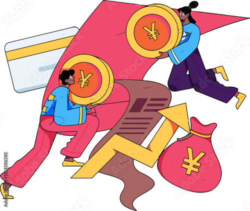 Dynamic financial growth illustration featuring people managing Yuan currency, representing global investments and prosperous economies with modern design for business and finance