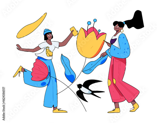 Creative illustration of two happy friends having fun with a giant flower, perfect for expressing joy and friendship in a modern and playful design, celebrating happiness and togetherness