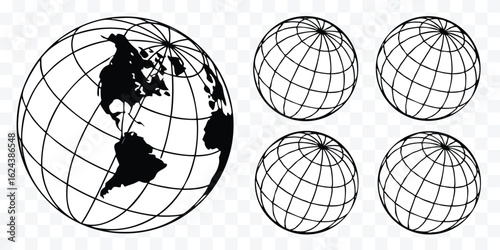 Graphical representation of globe with continents and longitudes with latitude lines for educational purposes and graphic designs depicting worldwide connections