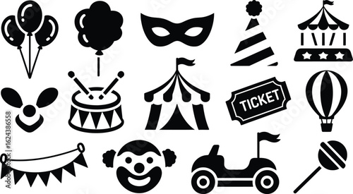 Collection of circus and carnival themed icons and symbols