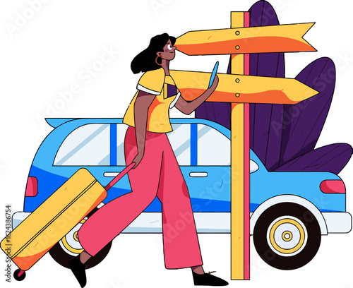 Dreaming of the open road a stylish woman with her suitcase checks directions before a fun car trip adventure to explore new places and create lasting travel memories with excitement and joy