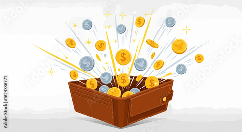 open leather wallet overflowing with golden dollar coins