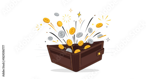 open leather wallet bursting with golden and silver U.S. dollar coins of vector graphic 
