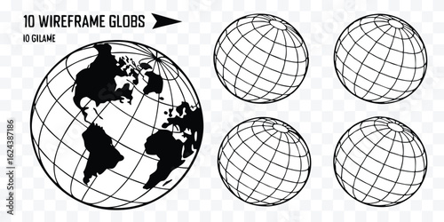 Set of ten wireframe globes showcasing world continents and longitude latitude lines perfect for graphic design elements