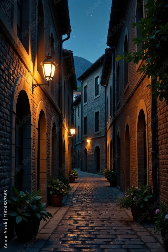 Fototapeta premium Serene Evening Ambiance on a Cobblestone Street with Warmly Lit Buildings and Lush Greenery