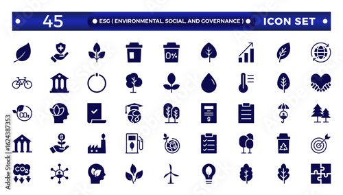ESG solid icon set, Environmental, Social, and Governance solid icon. ESG solid icons collection. Includes Sustainability, Solar Panel. Set of solid icons about Environmental Social Governance.
