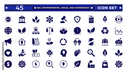 ESG solid icon set, Environmental, Social, and Governance solid icon. ESG solid icons collection. Includes Sustainability, Solar Panel. Set of solid icons about Environmental Social Governance.
