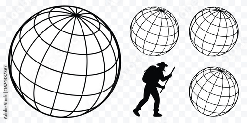 World Exploration and Global Adventure Concept with Hiker and Earth Globes Featuring International Travel and Geographical Discovery