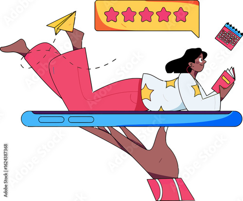 Elevated online experience with five star reviews, a woman reading and planning on mobile, envisioning success with a paper airplane, celebrating online achievements, and time management excellence