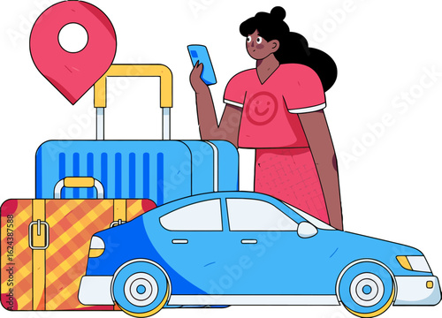 Planning a vibrant vacation with a navigation app, ready for a fun roadtrip with luggage and car sharing, adventure awaits, explore new places with confidence and style, travel smart