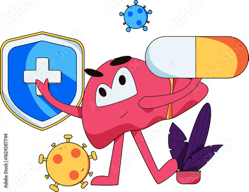 Embrace health with a playful cartoon character wielding a shield against viruses and holding a powerful pill, promoting wellness and protection in a fun and engaging way, perfect for health campaigns