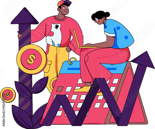 Two young professionals collaborate on a vibrant financial strategy, charting a course for business growth and celebrating their success with modern tools and a positive outlook