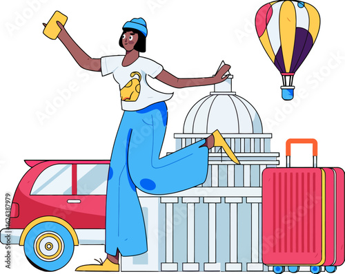 Cheerful traveler taking a selfie near iconic landmark ready for adventure, embracing the joy of discovery with a suitcase and a car, creating memorable moments on a vibrant vacation