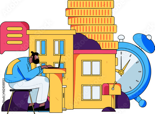 Freelancer creating real estate business ideas, building wealth through online strategies, balancing time and money for a thriving investment portfolio, achieving financial freedom through home owners