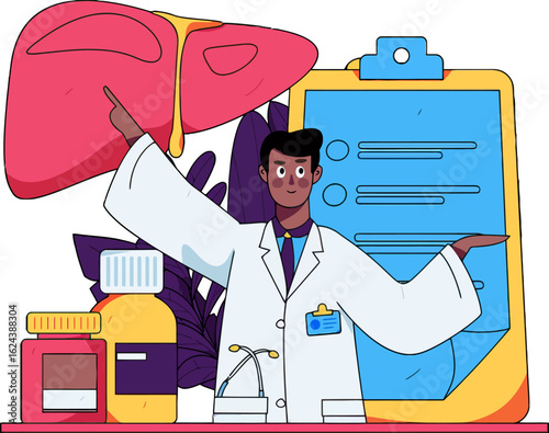 Engaging doctor presenting liver health, showcasing medical data on clipboard alongside essential medications for liver wellness, ideal for healthcare campaigns and medical content