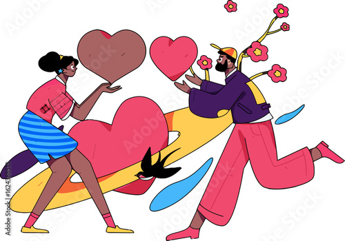 Celebrate love with this vibrant illustration of a couple exchanging hearts, perfect for Valentine's Day promotions, relationship advice blogs, and showcasing diverse connections with modern flair