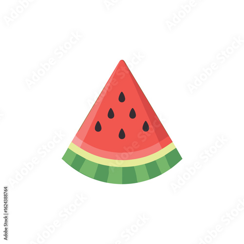 Juicy Watermelon Slice A vibrantly colorful, photorealistic slice of ripe watermelon, showcasing its juicy red flesh, contrasting black seeds, and refreshing green rind.
