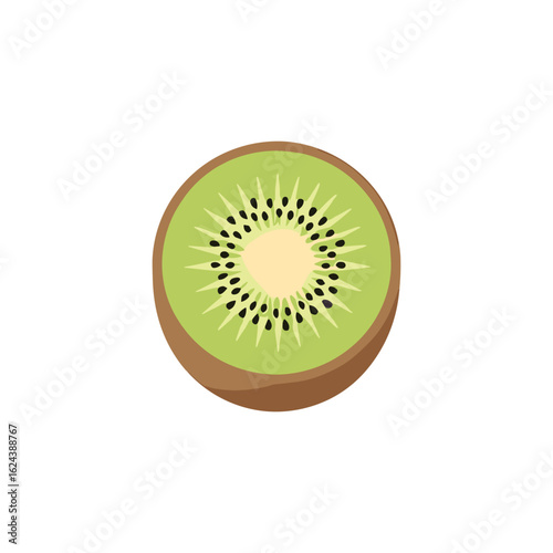 Kiwi Fruit A vibrant cross-section of a kiwi fruit, showcasing the juicy, green flesh, speckled with tiny black seeds, set against a smooth, textured rind.