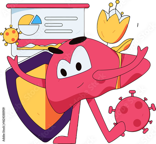 Fun cartoon liver character stands strong with a shield against viruses and data, promoting health and protection with a friendly face and a touch of humor perfect for medical education