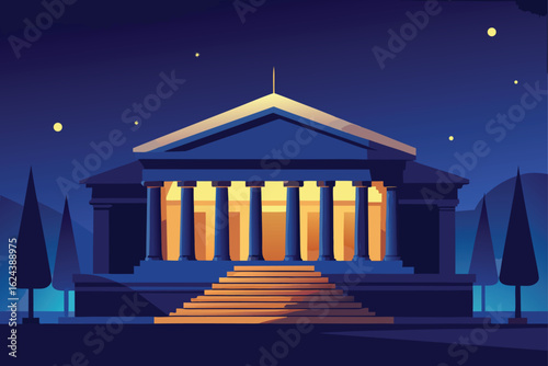 night scene of neoclassical building with lights  .eps