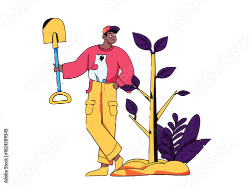 Vibrant illustration of a young man planting a tree with a shovel, symbolizing growth and environmental responsibility, perfect for eco-conscious campaigns and educational materials about sustainabili