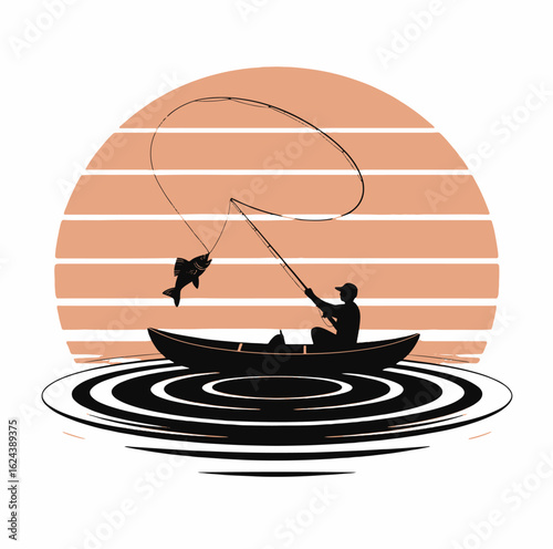 Fisherman Catching Fish in Boat During Sunset – Vector Silhouette Art