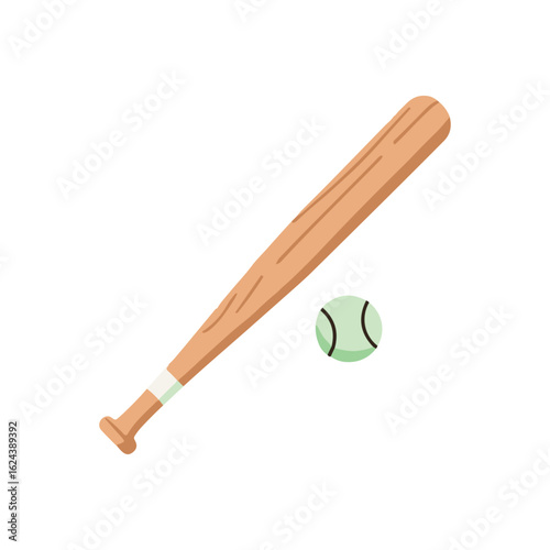 Baseball Gear Illustration A wooden baseball bat lies beside a green baseball. Simple sports equipment design that captures the spirit of the game.