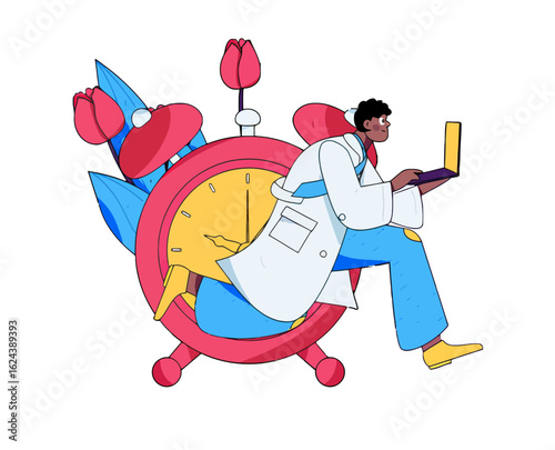 Urgent deadline illustration showing a focused professional working against the clock on a laptop, balancing productivity and time management to meet critical goals, vibrant and modern
