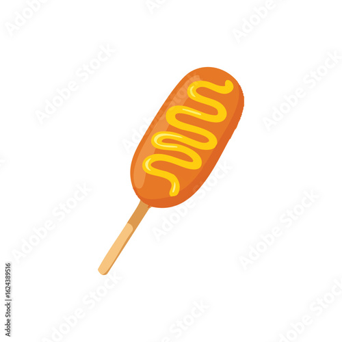 Corn Dog Delight A delicious corn dog, golden-brown and perfectly cooked, is drizzled with vibrant yellow mustard, presented on a wooden stick. Perfect for a quick snack or a carnival treat.