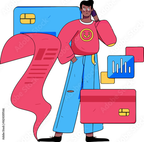 Empowered young professional analyzes financial data, surrounded by credit cards and charts, ready to make smart business decisions with confidence and modern style, showing financial literacy